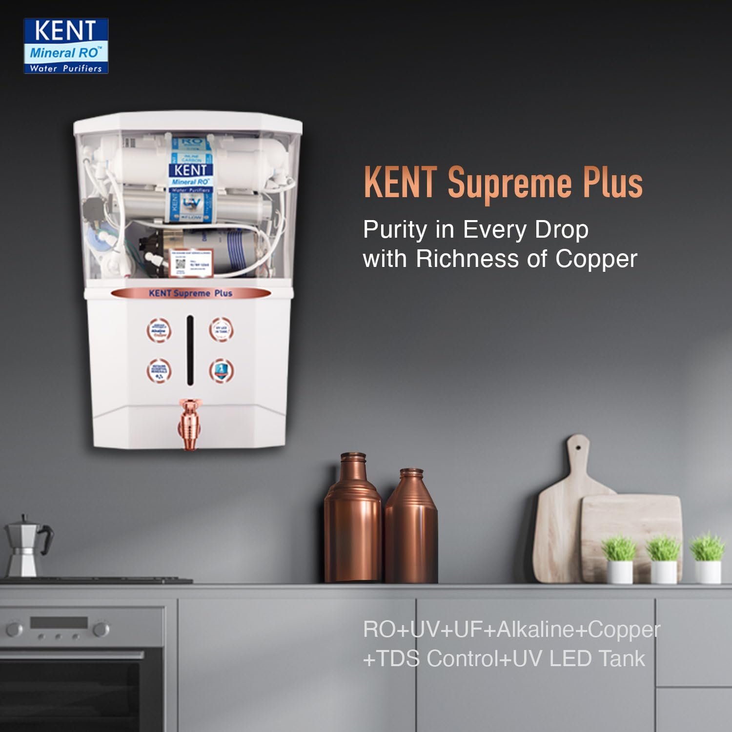 KENT Supreme Plus Alkaline+Copper RO Water Purifier | RO+UV+UF+Alk +Cu+TDSControl+UV LED Tank|Advanced ROTech for Sabse Shudh Paani | Auto Flush | 8L| 20LPH | Ideal for Borewell/Tanker/Municipal Water - View 9