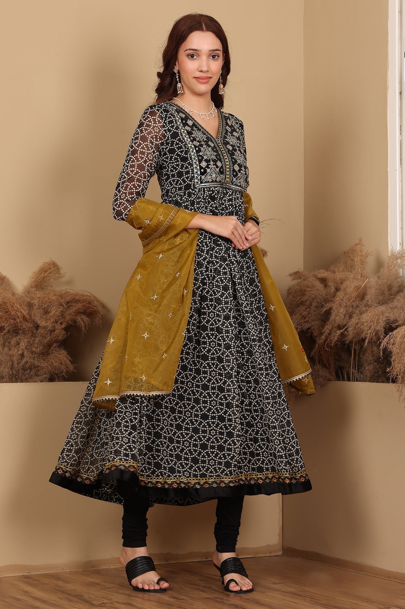 Black Printed Gathered Chiffon Kurta With Embroidery, Churidar And Dupatta Set - View 6