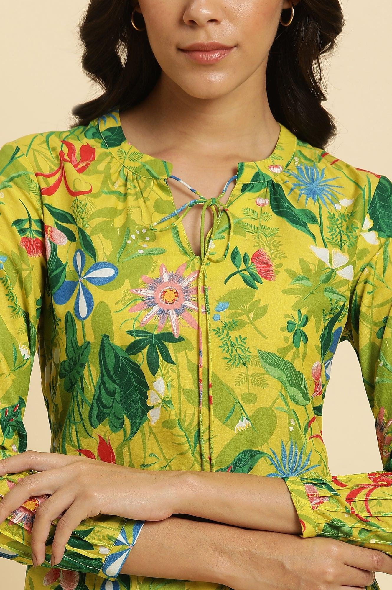 Green Floral Printed A-Line Kurta & Pants Co-Ord Set - View 4