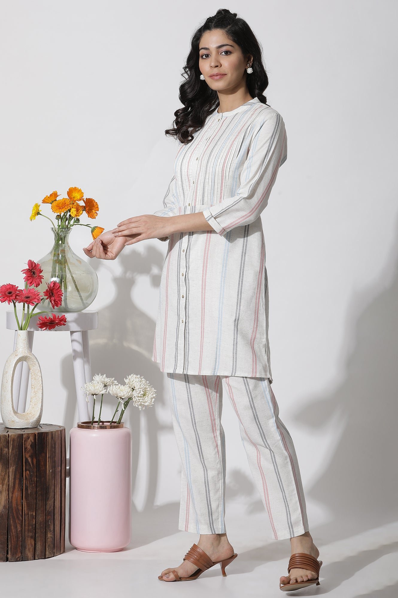 White Stripe Printed Pintuck Tunic And Pants Co-Ord Set - View 8
