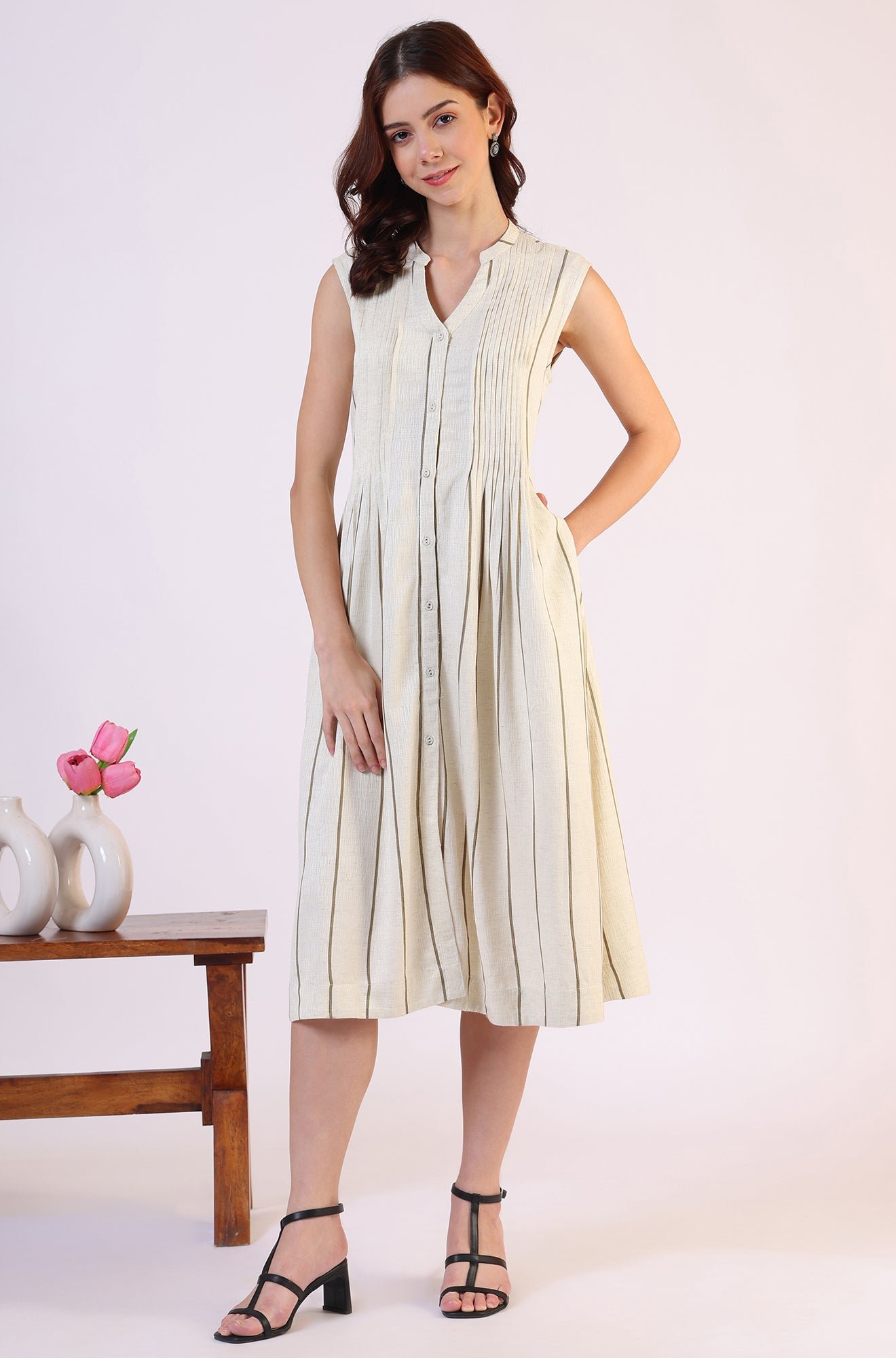 Off -White Striped Cotton Blend Flared Western Dress - View 7
