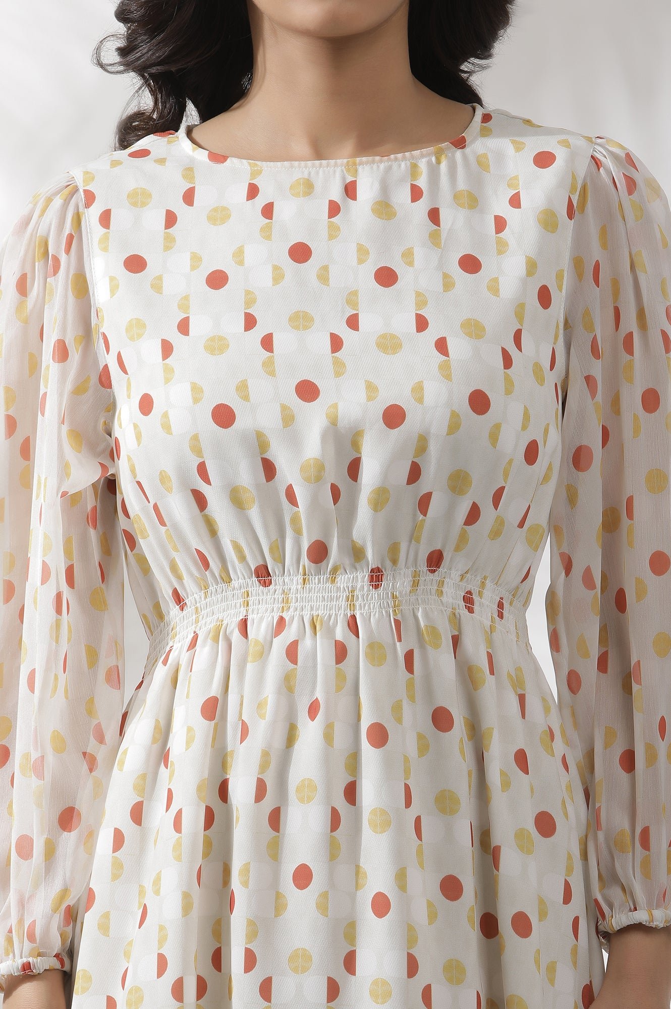White Polka Dot Printed Gathered Western Dress - View 6