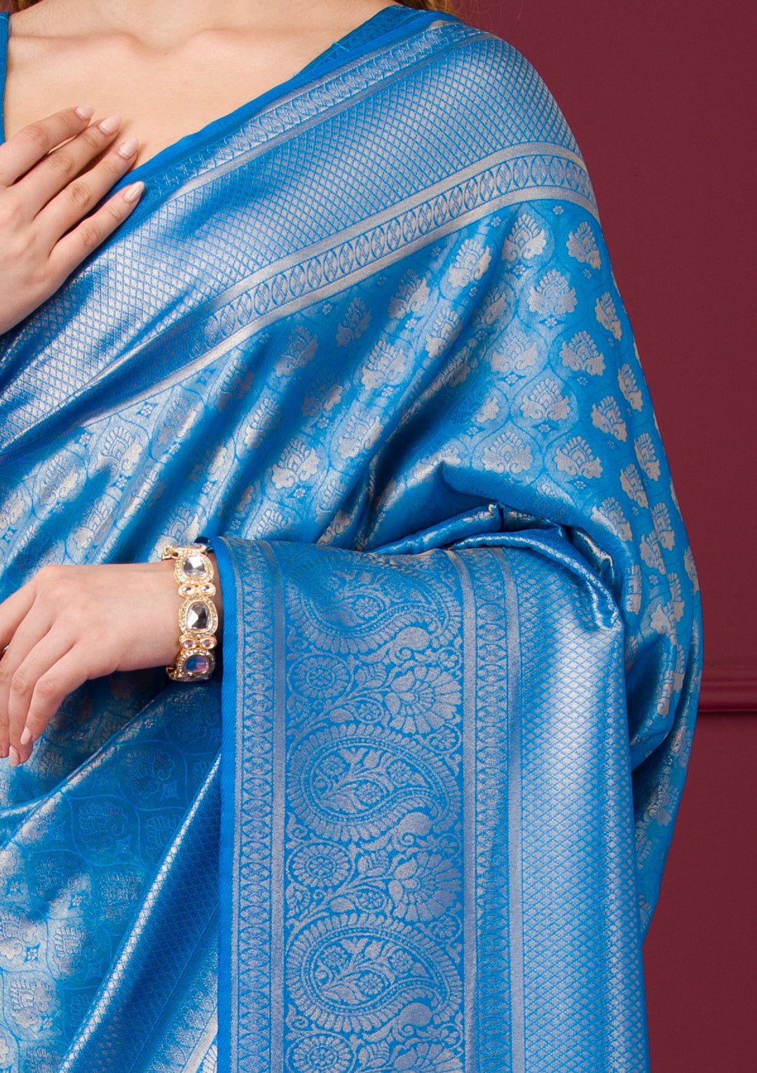 Turquoise Blue Zariwork Art Silk Saree - View 2