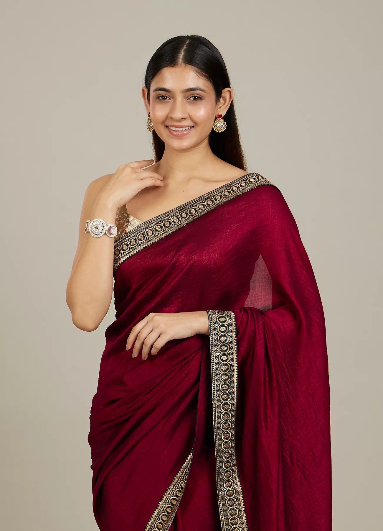 Rose Red Embroidered Border Saree - View 5