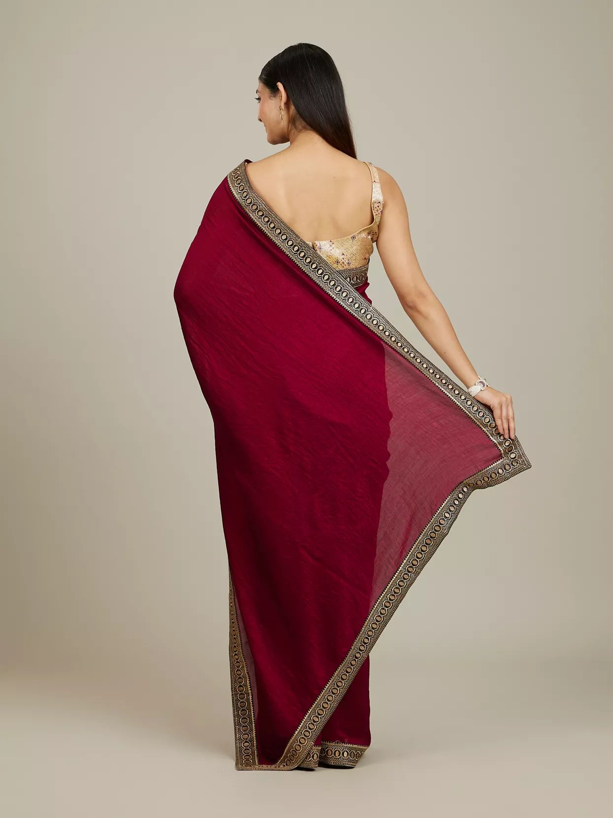 Rose Red Embroidered Border Saree - View 4