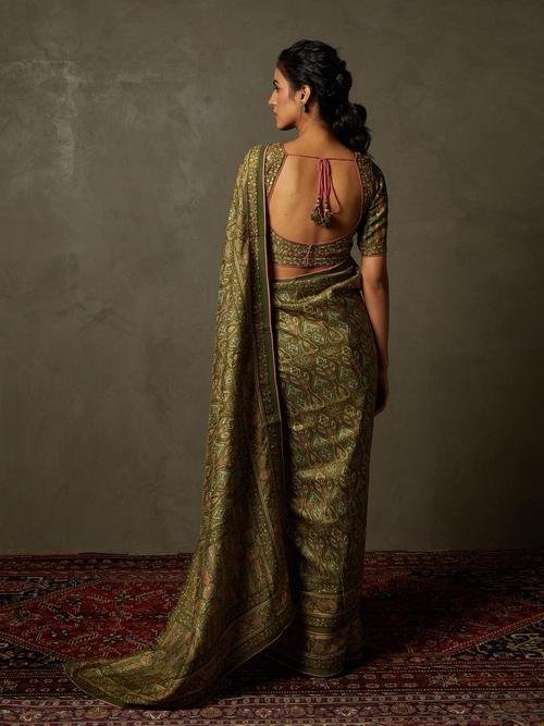 Olive & Beige Shereen Saree With Unstitched Blouse - View 3