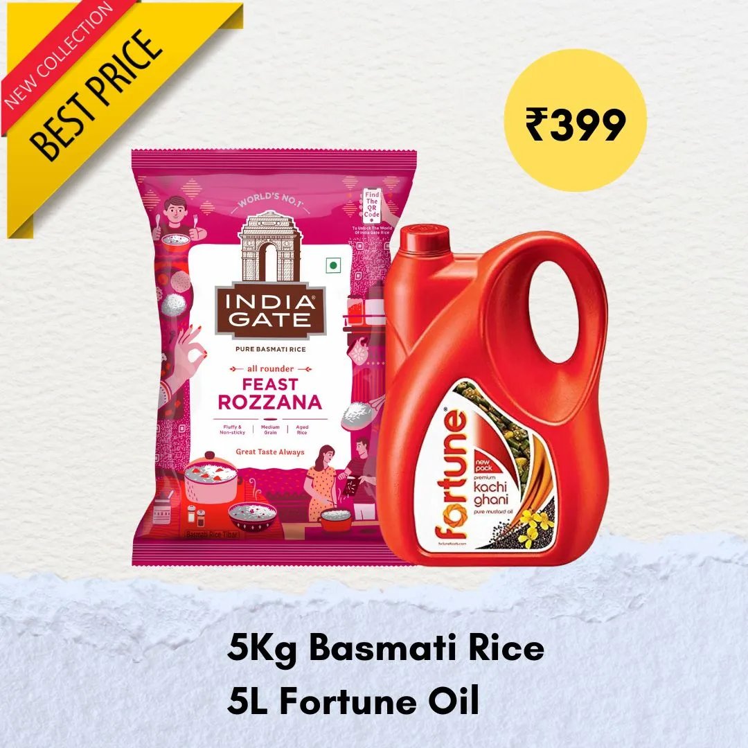 5Kg India Gate Basmati Rice Super, 5L Fortune Rice Bran Health : Combo of 2